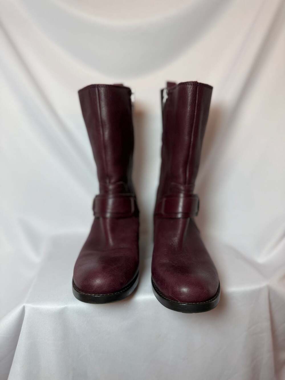 Vince Camuto Wellery Burgundy Leather Mid-Calf Moto Boots